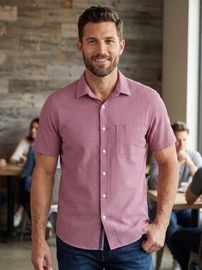 UNTUCKit Short-Sleeve Button-Down Shirt -Salmon and Blue Micro-stripe Size Large